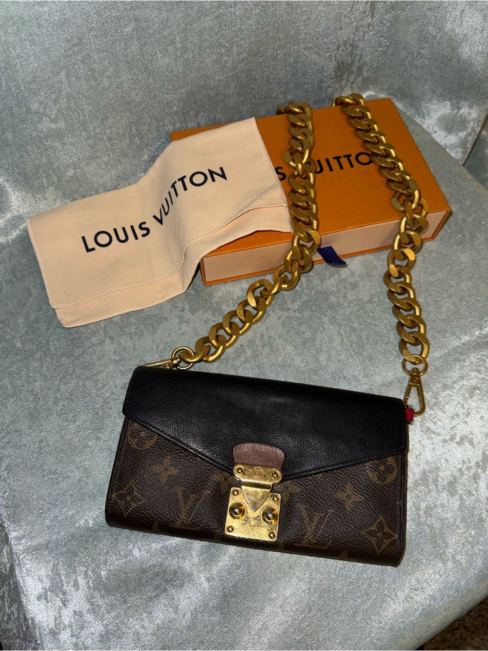 Louis Vuitton Black & Brown Wallet with Gold Hardware & crossbody chain - Picture 9 of 10
